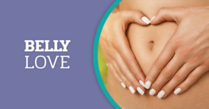A person’s hands form a heart shape over their stomach, with the text "Belly Love" displayed alongside.
