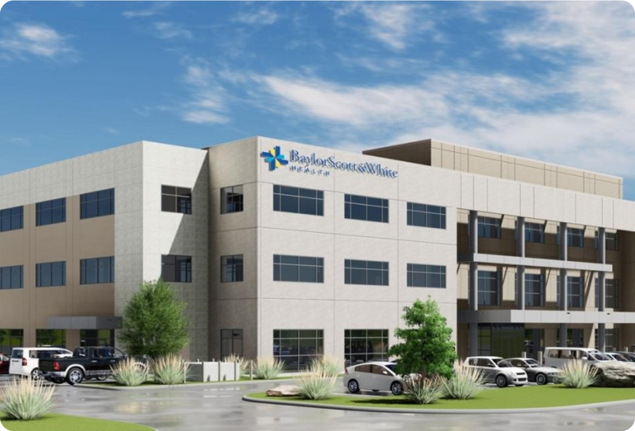 A modern Baylor Scott & White medical facility featuring multiple stories, prominent signage, and landscaped parking lot.