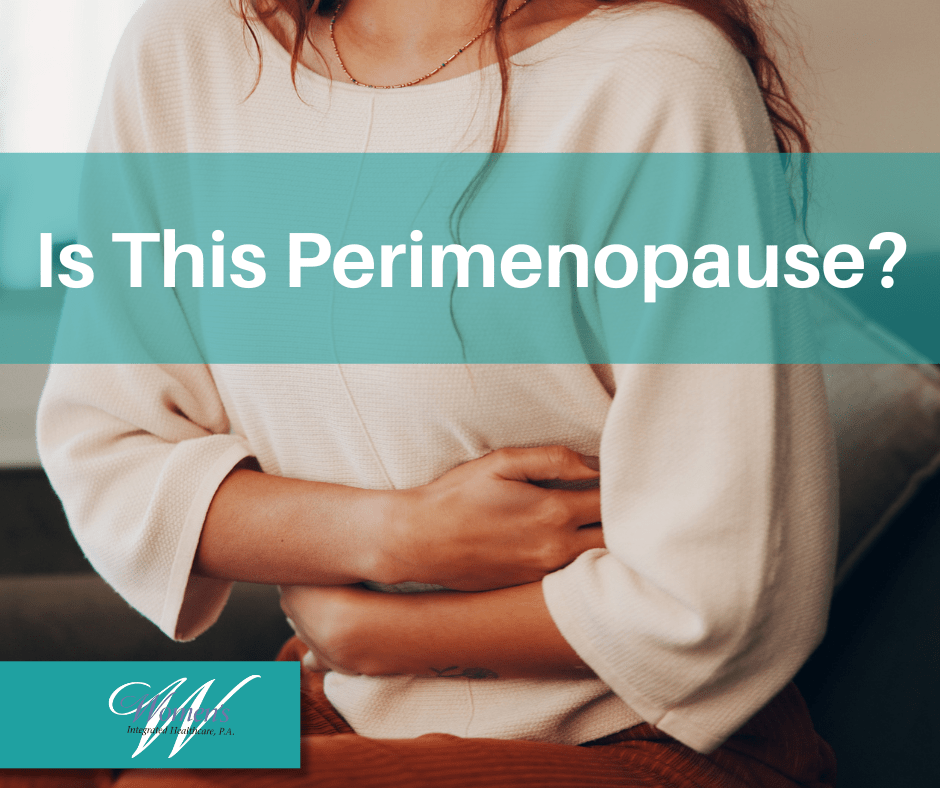 A woman holding her midsection in discomfort with the phrase "Is this Perimenopause?" overlaid.